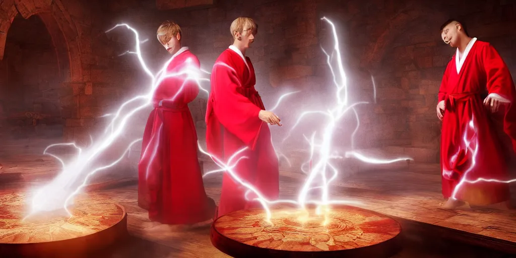 Image similar to two young mages in red and white robes, they are in a alchemy workshop working on a new spell that is casting out flowing energy. colorful, light rays, medium shot, waist up, sharp, bloom, dramatic lighting, cinematic, by dreamworks
