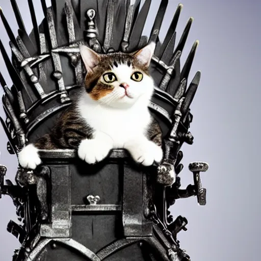 Prompt: a cute cat sitting on the iron throne. high definition