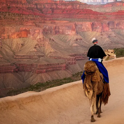 Prompt: A photo of the Pope riding a camel at the grand canyon 85mm lens, f1.8.