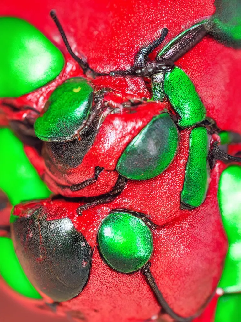 Prompt: subsurface scattering. close - up shot of a beautiful red white and green beetle. insect eyes. complementary color scheme. studio photography high quality highly detailed award winning photograph by national geographic. lynda benglis soft volumetric light, smooth gradient.