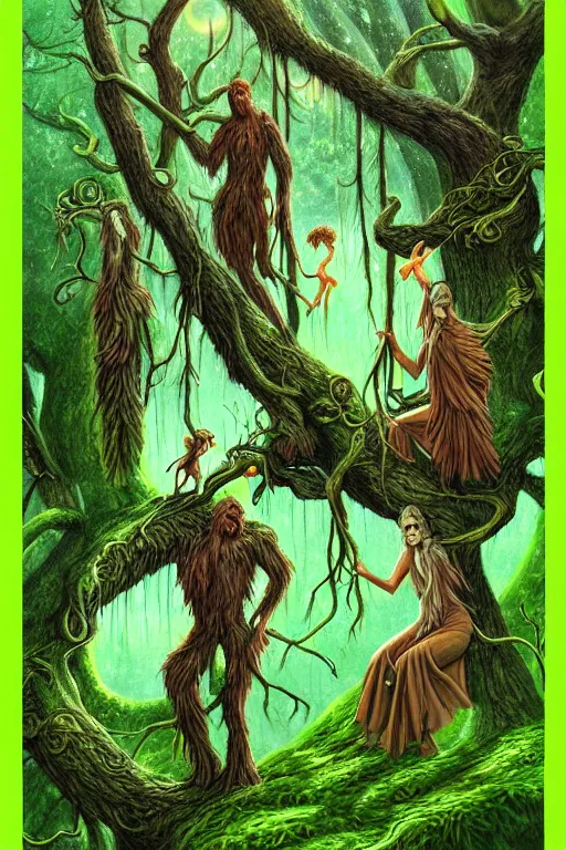 Prompt: tree people, daily deviation, classic fantasy art epilogue, magical forest, treefolk, ents, birds on branches, green spring