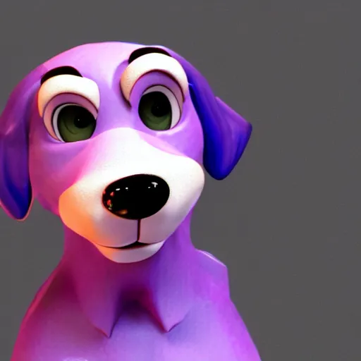 Image similar to an 3d render of a purple dog character, in the style of disney, pixar, mixed media collage, highly detailed, 8k resolution