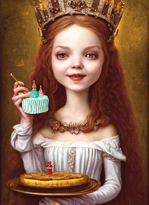 Image similar to highly detailed closeup portrait of a grinning fairytale medieval princess eating birthday cake, unreal engine, nicoletta ceccoli, mark ryden, lostfish, earl norem, global illumination, god rays, detailed and intricate environment