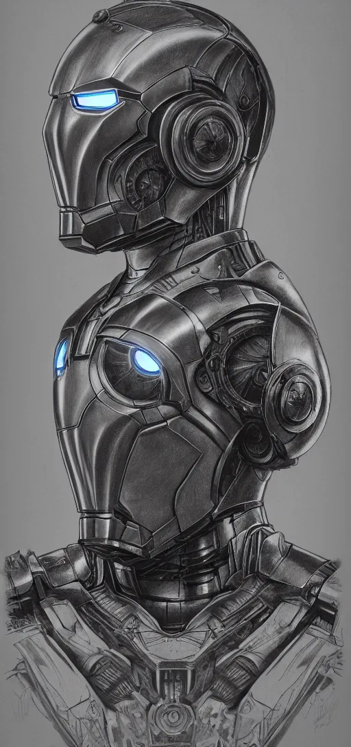 Prompt: steampunk, H.R. Giger design of Iron Man, body and head, drawing on pencil, ornate, details, smooth, sharp focus, illustration, realistic, cinematic, artstation, award winning, rgb, ethereal blue lighting, 8K,