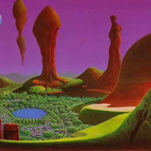 Prompt: a cylindrical pit in the ground with a city inside, painting by Roger Dean