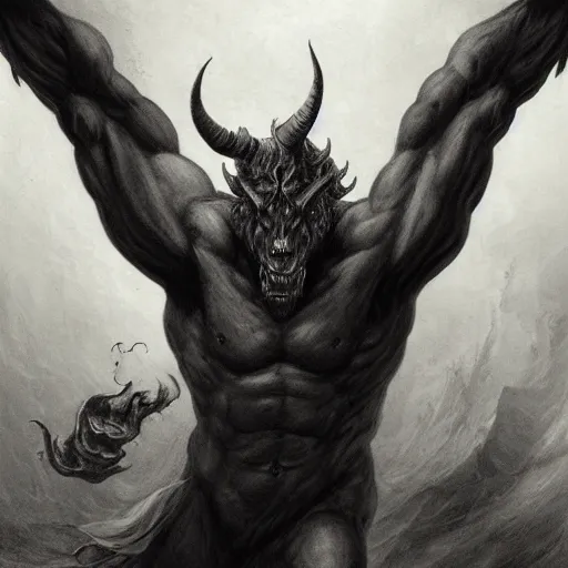 Image similar to full body, grayscale, Gustave Dore, muscled humanoid balrog beast, horns, heroic pose, swirling flames