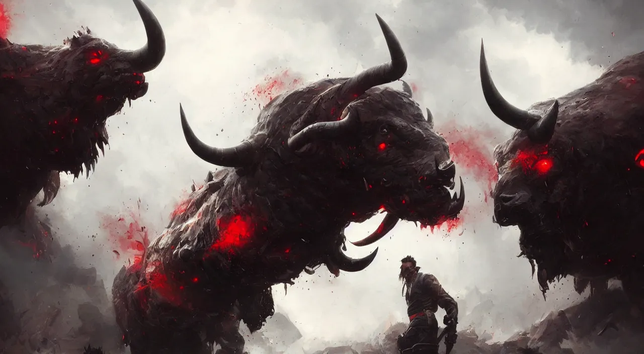 Image similar to giant angry bull with red eyes, steam breath, mysterious, epic concept art, epic painting, artstation, realistic, by greg rutkowski