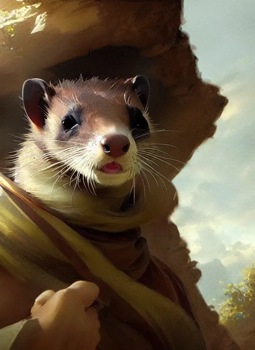 Prompt: a beautiful close - up shot from a fantasy film of an anthropomorphic ferret with golden eyes wearing a loose tunic. joseph ducreux, greg rutkowski.