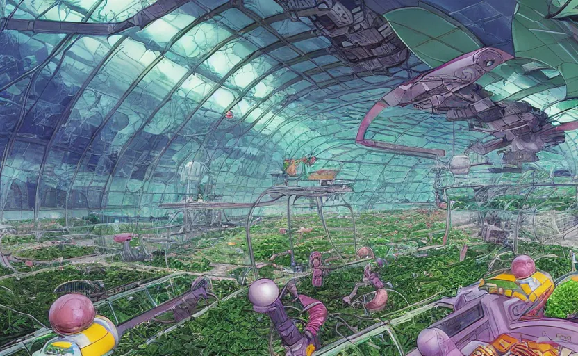 Image similar to lush greenhouse on a spaceship flying in space, concept art, by akira toriyama, artstation, digital art