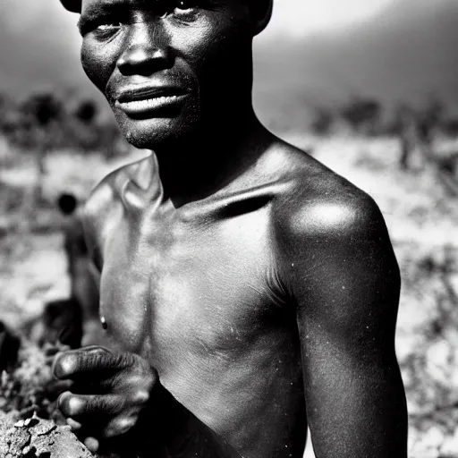 Image similar to black and white photo, portrait of Congo mineworker by sebastiao salgado, realistic, Leica, medium format, cinematic lighting, parallax, high resolution,