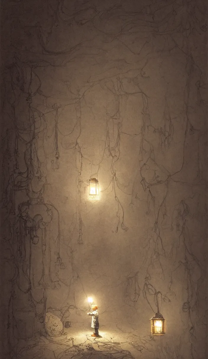 Prompt: a kid in a room full of ghost using his lantern to iluminate the walls, part by Norman Rockwell, part by Greg Rutkowski , part by Mattias Adolfsson, high angle, intricate, detailed, (((volumetric lighting))), oil on canvas