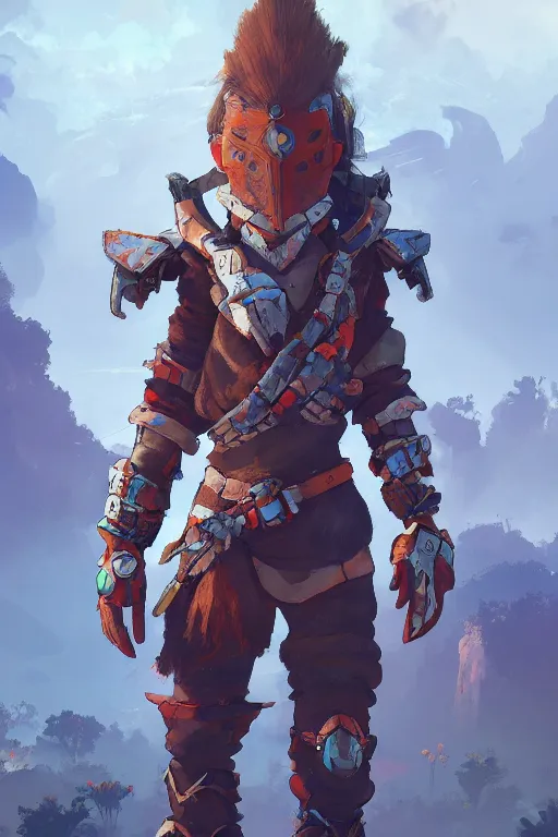 Image similar to combination suit armor aloy horizon forbidden west horizon zero dawn radiating a glowing aura global illumination ray tracing hdr fanart arstation by ian pesty and alena aenami artworks in 4 k tribal robot ninja mask helmet backpack