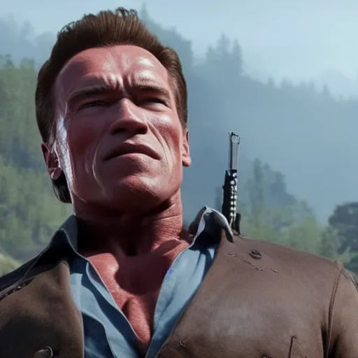 Prompt: Film still of Arnold Schwarzenegger, from Red Dead Redemption 2 (2018 video game)