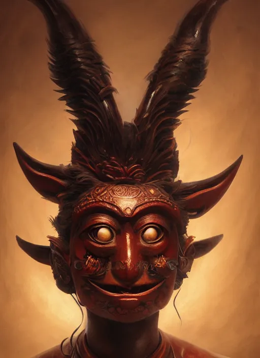 Image similar to a beautiful detailed oil on copper art illustration of a japanese tengu mask with big nose devil woman, centered, by charlie bowater, zeng fanzh, trending on artstation, dim dusk lighting, cinematic lighting, detailed lighting, volumetric lighting, realistic, f 8, 4 k hd wallpaper