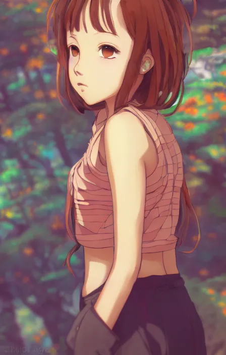 Image similar to a colorful scene of a girl with brown hair, anime, detailed background, female, trending on artstation, by studio ghibli