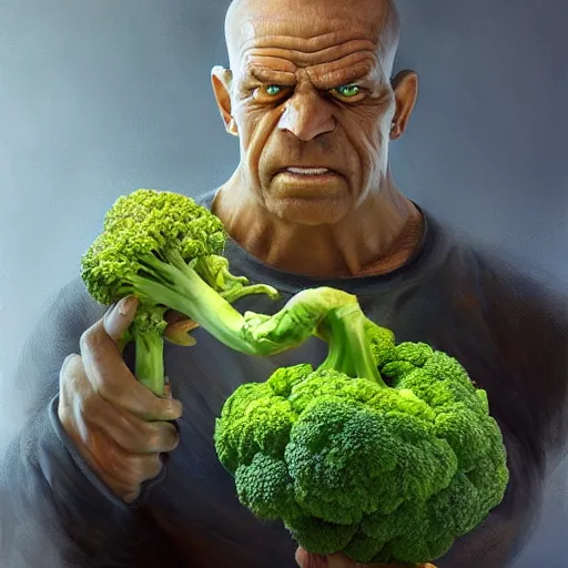 Image similar to a masterpiece of popeye with huge biceps holding a broccoli. very detailed eyes. intricate, elegant, highly detailed. trending on artstation, digital art, by stanley artgerm lau, wlop, rossdraws, james jean, andrei riabovitchev, marc simonetti, yoshitaka amano