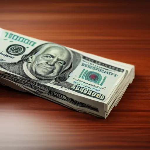 Image similar to a large stack of $ 1 0 0 bills with a money band around it sitting on a wooden table, 8 k, photorealistic, hyper realism, cinematic, movie still, octane render,