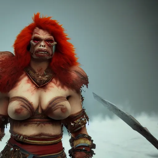 Image similar to beautiful redhead orc with warrior outfit, clash royal style characters, unreal engine 5, octane render, detailed, cinematografic, cinema 4 d