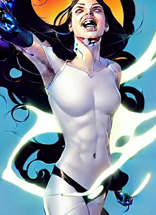 Image similar to Rafeal Albuquerque comic art, Joshua Middleton comic art, pretty female very pale white skin Phoebe Tonkin as Domino superhero X-MEN comics, black spot over left eye, fun smile, full body x-force outfit, long wavy black hair:: sunny weather::