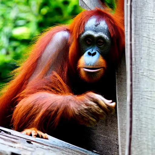 Prompt: an orangutan climbing up the side of my house