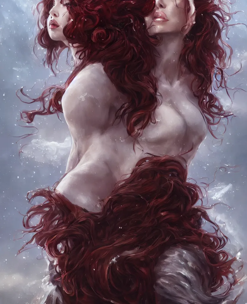 Image similar to a portrait of a ice queen with long dark curly red hair, stoic, brown skin, alone dramatic, epic painting, painted by artgerm and wlop, cgsociety, roses, wolf, crows beautiful, artbreeder, artstation, maximalist fashion dress, full body, octane render, sharpness, 8 k, golden ratio