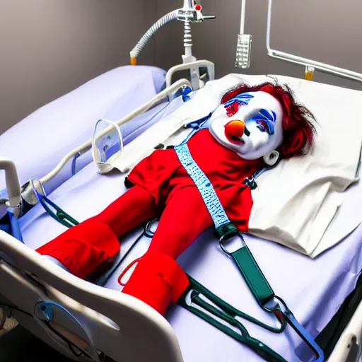 Prompt: crazy clown strapped in hospital bed with wrist restraints on, restraints have fabric straps attached to hospital bed, photograph, 8 k