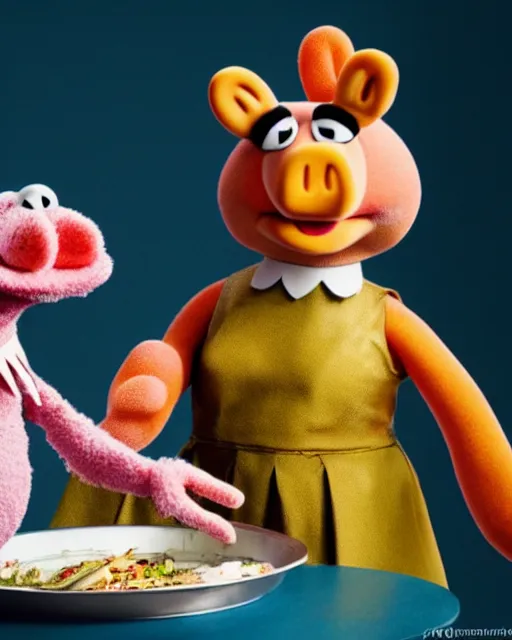 Image similar to photoshoot of muppet miss piggy preparing a meal, 8 k, photorealistic