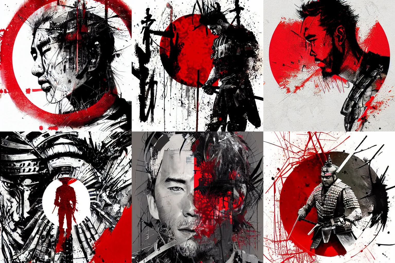 Prompt: artwork by SPARTH and Russ Mills showing a samurai in front of a red circle