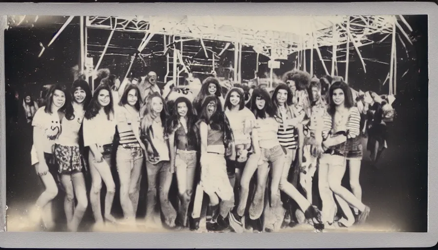 Image similar to fire damaged polaroid photograph of 70s teenagers at a carnival.