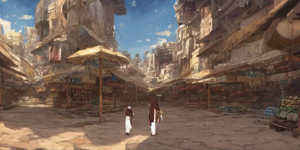 Image similar to an empty arabian marketplace with no people in biblical times by makoto shinkai