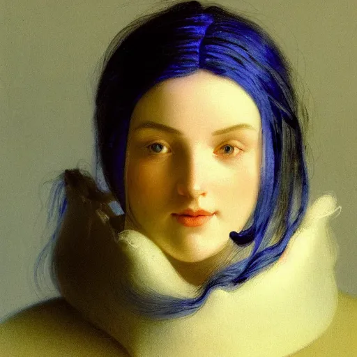 Image similar to a young woman's face, her hair is silver white and she wears an indigo blue satin cloak, by ivan aivazovsky and syd mead and moebius and gaston bussiere and roger dean and pieter claesz and paul delaroche and alma tadema and aelbert cuyp and jan heem, hyperrealistic, volumetric light, octane render