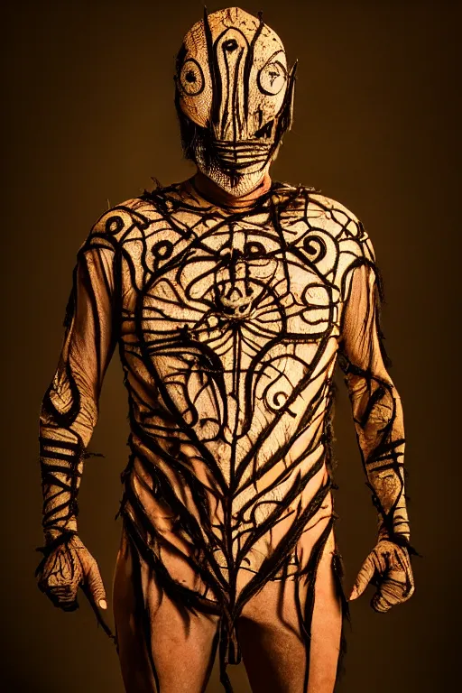 Image similar to dressed senobith, symmetrical, cinematic, elegant, dark, real photography, professional dark studio light, costume made by clive barker, 4 k, ultra hd, sense of awe