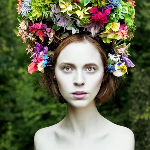 Prompt: anthropomorphic tree vine woman head wearing a crown made of flowers and leaves