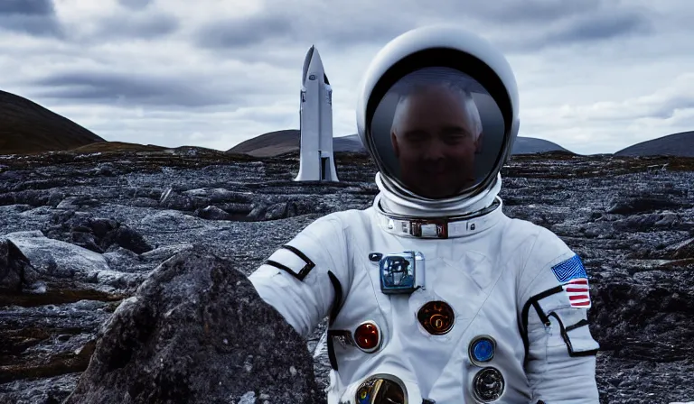 Image similar to astronaut tourist wearing futuristic space suit, standing in the Isle of Harris, Scotland, a futuristic spaceship in the background, wide angle lens, photorealistic