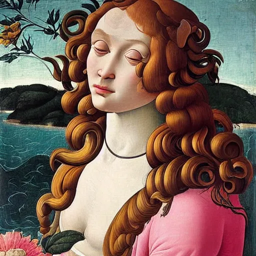 Image similar to an hyperrealistic mythological oil painting of venus with long curly brown hair, full body, wearing pink floral chiton, sleeping on a giant scallop shell, near the seashore, intricate lines, elegant, renaissance style, by sandro botticelli