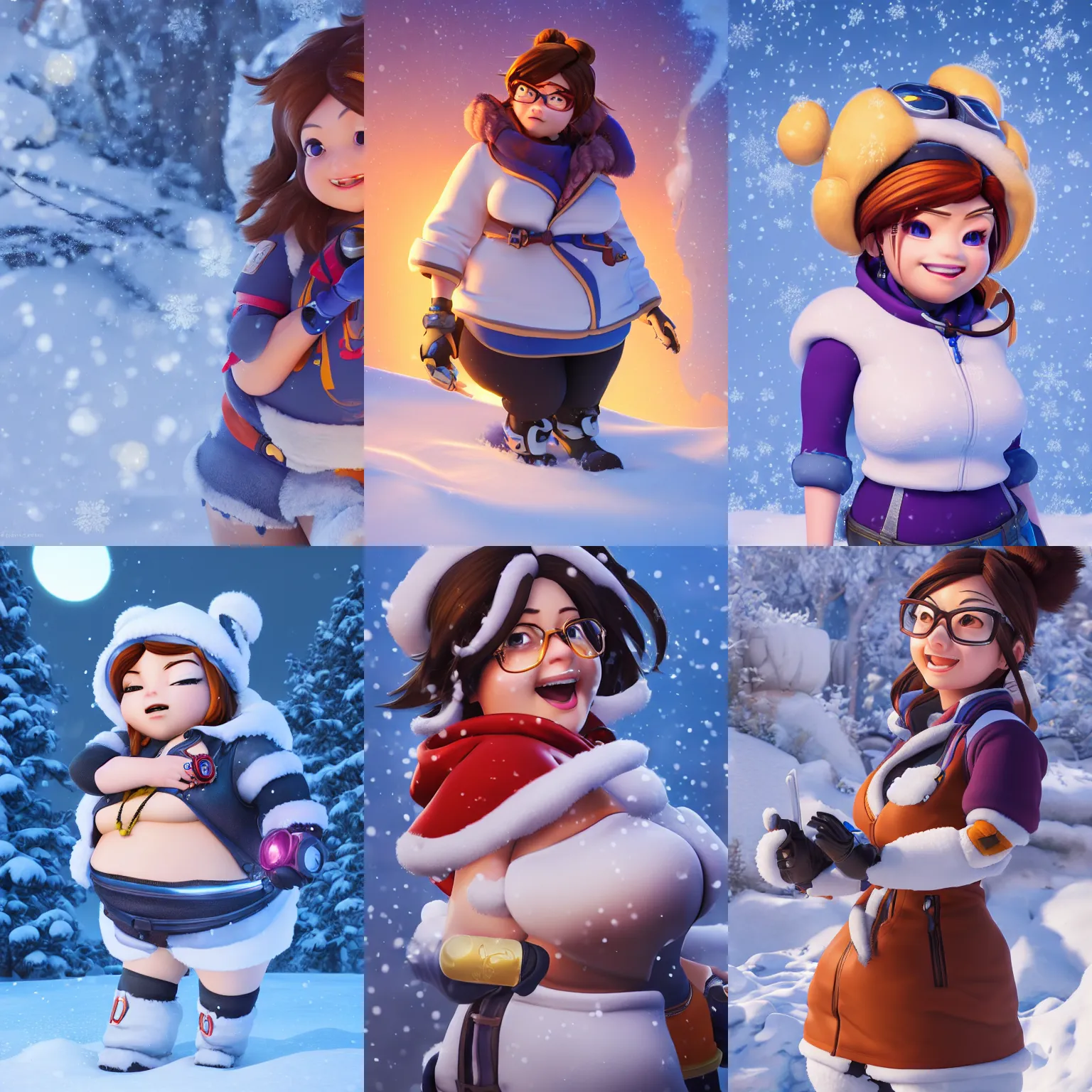 Prompt: hyperdetailed mei from overwatch as a disney pixar character, hd texture, beautiful 3D render, 8k, octane render, soft lighting, in the snow, chubby, golden hour