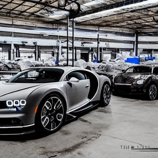 Image similar to an abandoned, derelict, rusty bugatti chiron in a dirty warehouse