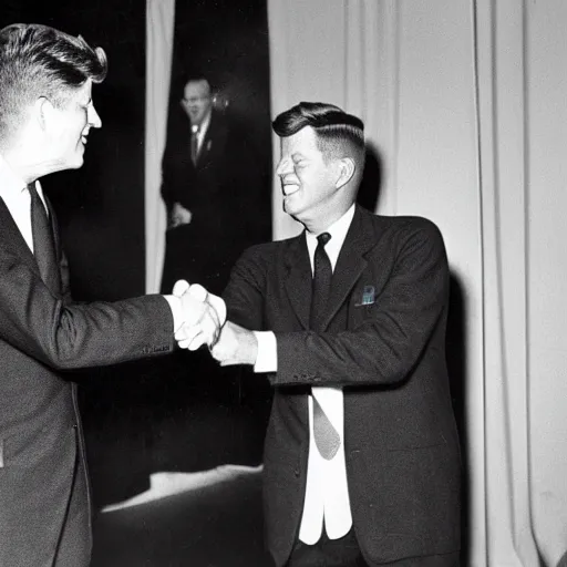 Image similar to a black and white photo of president kennedy shaking hands with a 1 9 5 0 s space alien