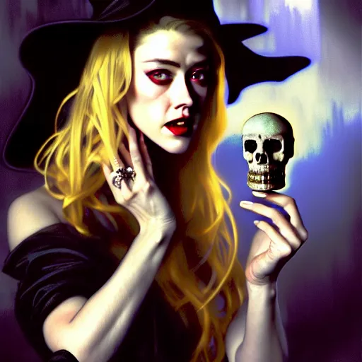 Image similar to hyperrealist portrait of amber heard as a vampire witch holding a cristal human skull and wearing a wizard hat. by jeremy mann and alphonse mucha, fantasy art, photo realistic, dynamic lighting, artstation, poster, volumetric lighting, very detailed faces, 4 k, award winning