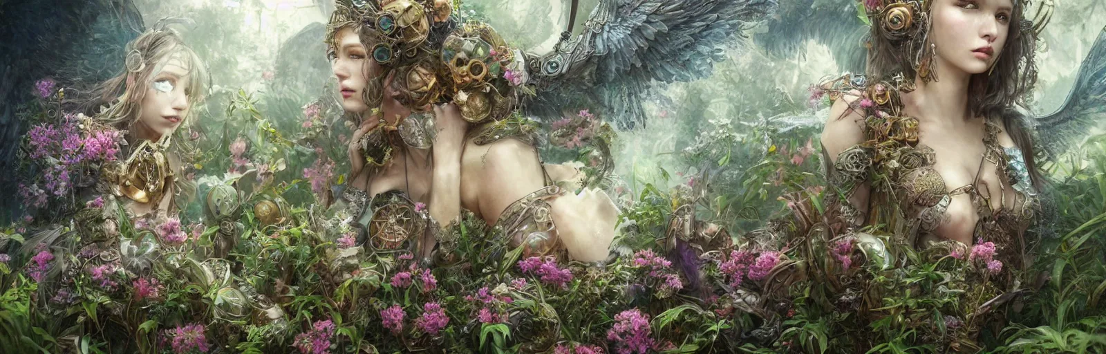 Prompt: Ultra realistic illustration, Mystical Valkyrie, beautiful Atlantean females sitting among flowers and vegetation, steampunk, sci-fi, fantasy, intricate, elegant, highly detailed, digital painting, artstation, concept art, smooth, clear, sharp focus, illustration, art by Stanley Lau, Art Frahm, François Boucher, hyper detailed, intricate, hyperrealistic, cinematic lighting, volumetric lighting, dramatic lighting, moody, octane render, ultra view, depth --uplight, magical atmosphere, trending on artstation, 30mm, by Noah Bradley trending on ArtStation, deviantart, high detail, stylized portrait H 640