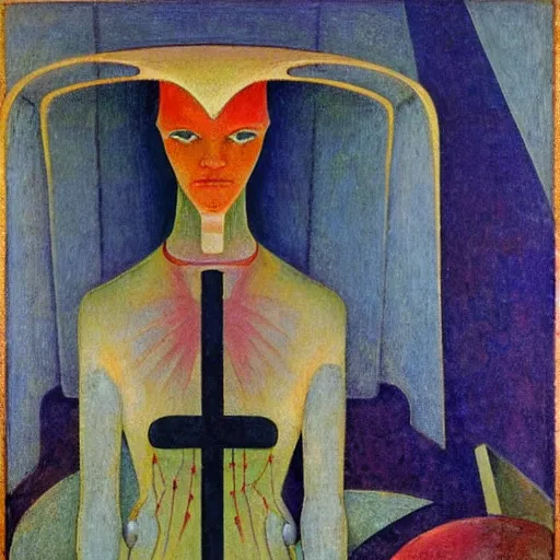 Prompt: portrait of a robot shaman, by annie swynnerton and edward hopper and jean delville and rufino tamayo and evelyn de morgan, art deco shaman, stylized geometric flowers, art brut, outsider art, symbolist, dramatic lighting, god rays, clean crisp graphics, smooth sharp focus, extremely detailed, adolf wolfli