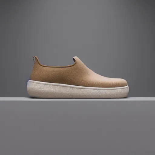 Image similar to a distinctively curved silhouette desert sand color shoe, upper of the shoe is made from a lightweight foam material, which gives the shoe its unique look. the foam material used on the midsole and outsole of the shoe, foam - based slip - on shoe, looks like a crocs, studio lighting, studio portrait