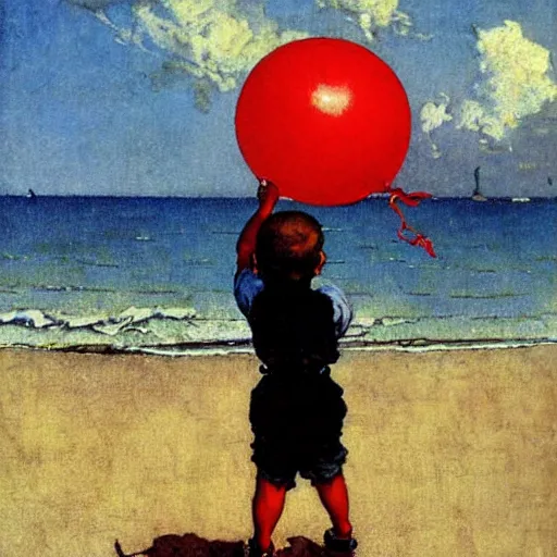 Prompt: a painting by Norman Rockwell of a young boy holding a red balloon at the beach, with dramatic clouds over the sea