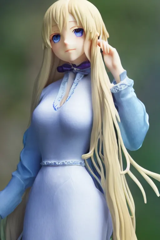 Prompt: full body 3d render of a blue eyes, blonde long hair, french braids, violet evergarden as a figurine, blue-white dress, blender, trending on artstation, 8k, highly detailed, bokeh, depth of field