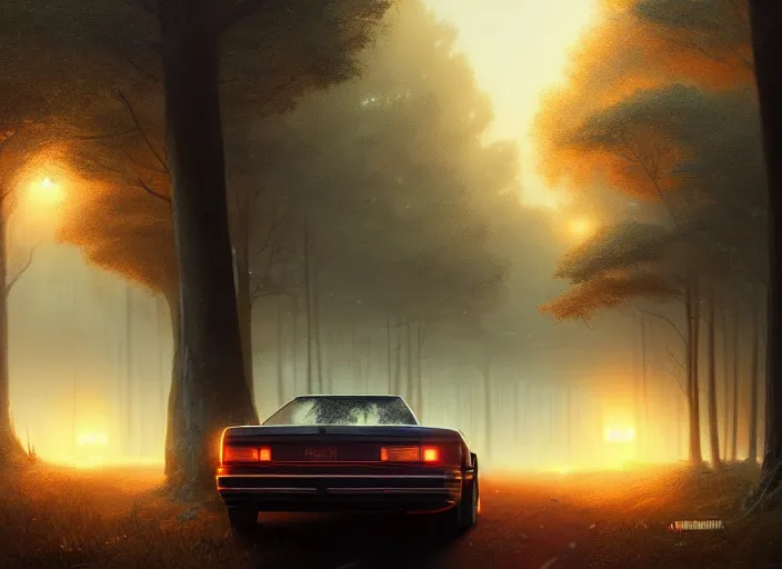 Image similar to detailed intricate digital illustration by greg rutkowski and artgerm and wlop and sanford robinson gifford ; 1 9 8 8 vehicle, glowing headlights, foggy forest in background ; 1 3 mm film, wide angle arri alfa anamorphic lens ; sharp focus, soft evening lighting, trending on artstation 4 k