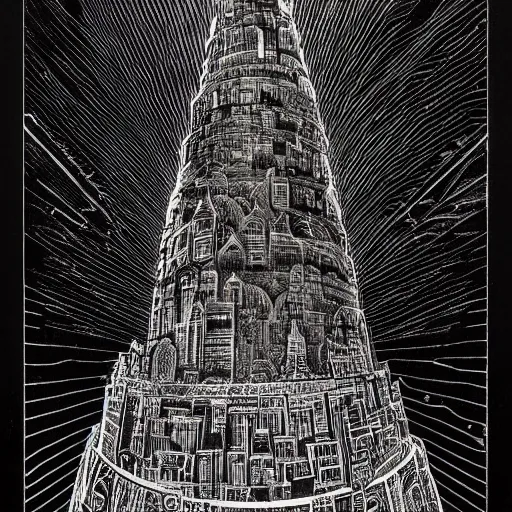 Prompt: black paper + Tower of Babel, A mighty city and a tower with its top in the heaven illustration designed by Katsuya Terada and Sean Andrew Murray + psychedelic black light style + symmetry + greco-roman art, intricate ink illustration, intricate complexity, epic composition, magical atmosphere + occult propaganda + dread, fear + wide long shot, wide angle + masterpiece,