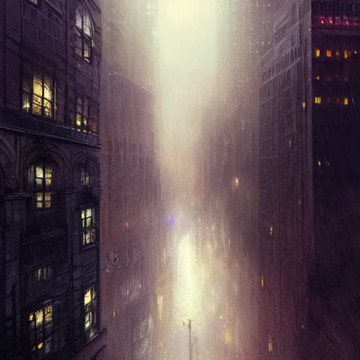 Image similar to nighttime in gotham city, wet pavement, rooftop view, light mist, fantasy, intricate, elegant, digital painting, trending on artstation, concept art, soft focus, illustration by greg rutkowski, Gaston Bussiere and artgerm, 4k.