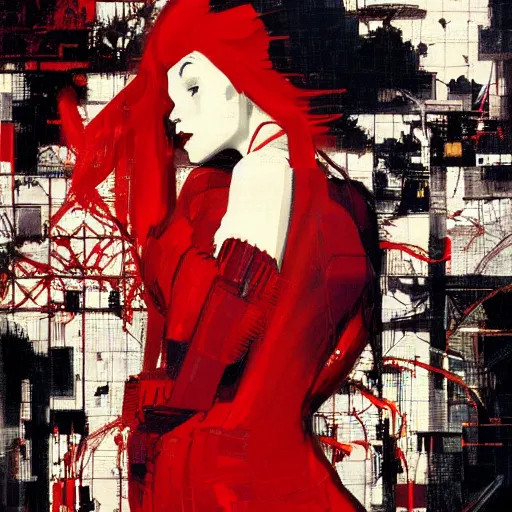 Image similar to portrait of a daydreaming melancholic latin woman in red habit being progressively rasterized into pixels from another world, she is surrounded by digital birds and a giant loving neon mecha robot is besides her, oil on canvas game poster by yoji shinkawa, esao andrews, dave mckean and stina persson