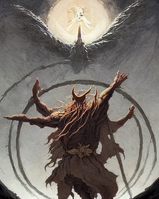 Image similar to a druid standing in a circle at the beginning of the world by greg rutkowski and frank frazetta and peter mohrbacher and william blake and dan mumford