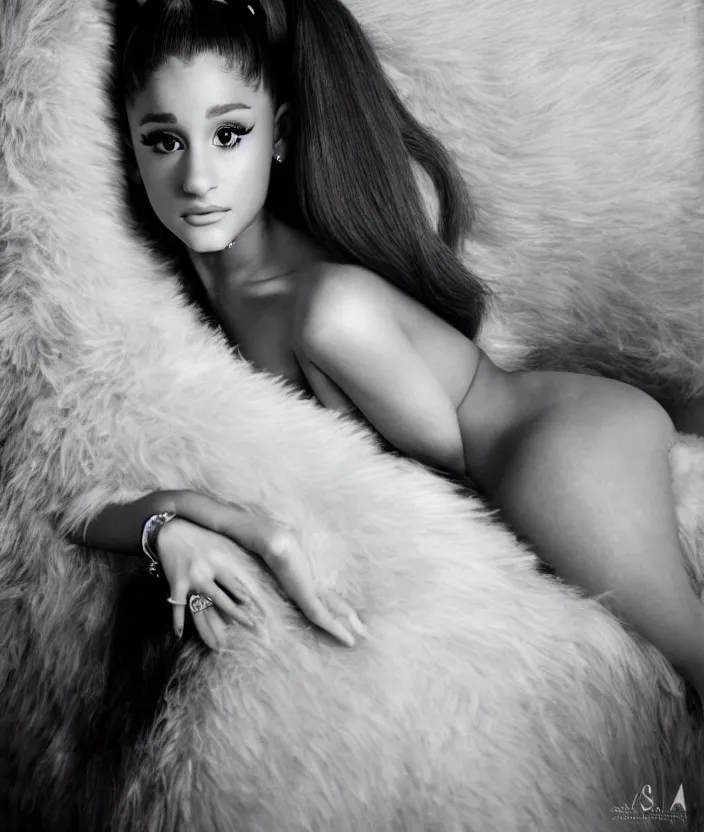 Image similar to award winning photo of Ariana Grande on a chesterfield lounge, symmetrical face, beautiful eyes, studio lighting, wide shot art by Sally Mann & Arnold Newman